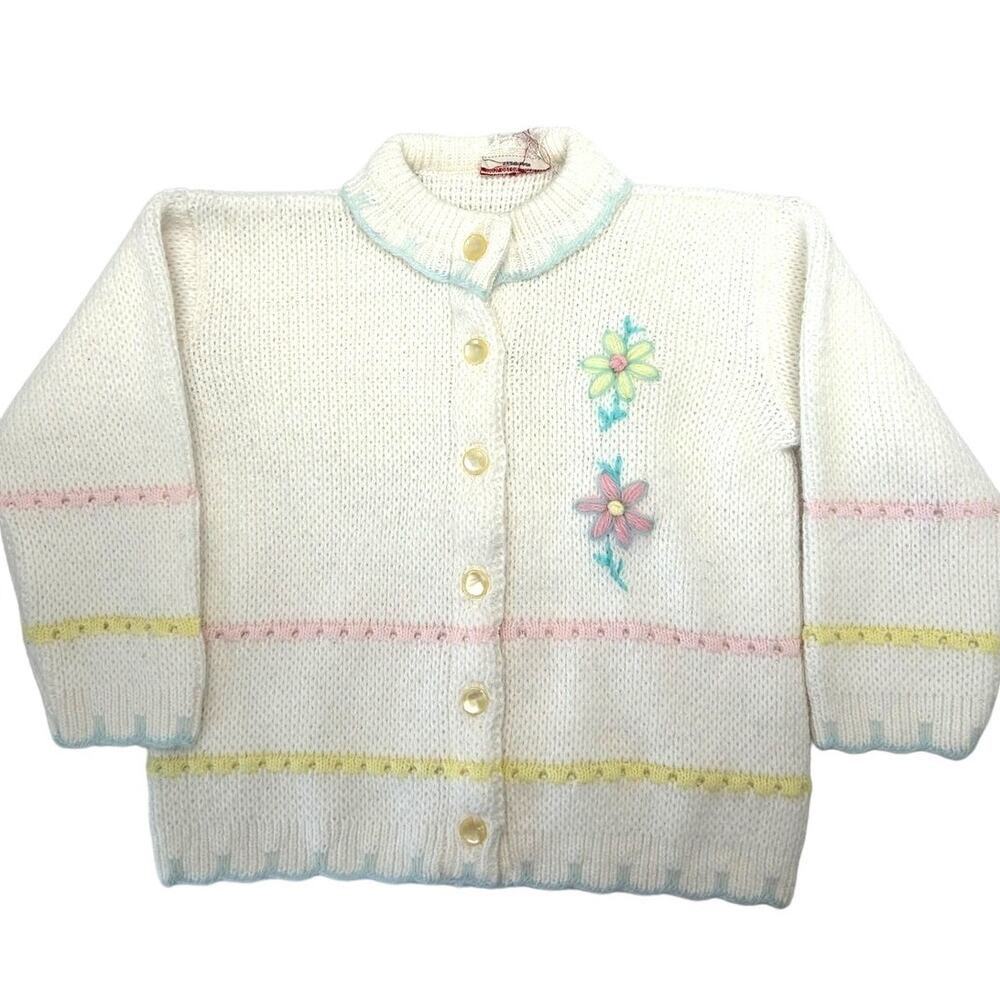 Vintage Toddler Size Cardigan‎ Sweater With Flowers and Scalloped Trims